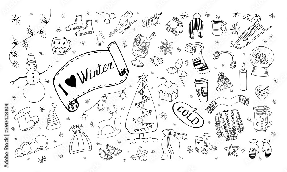Obraz premium Set of winter doodles. Hand drawing styles winter items. Winter elements drawn in a doodled style. Winter doodles collection.