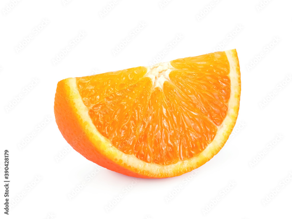 One slice of orange citrus fruit isolated on a white background. One slice of orange citrus fruit isolated on a white background.