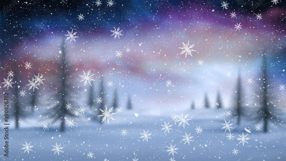 Digital animation of snowflakes falling against winter landscape with trees