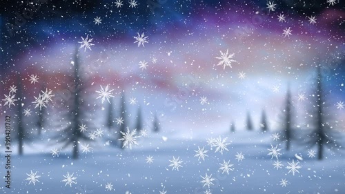 Digital animation of snowflakes falling against winter landscape with trees