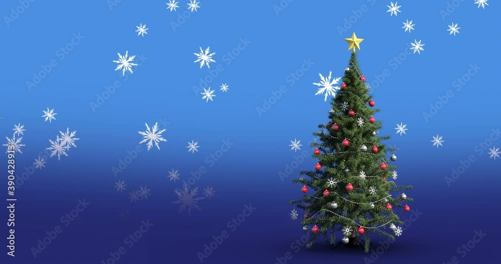 Digital animation of snowflakes falling over christmas tree against blue background Digital animation of snowflakes falling over christmas tree against blue background