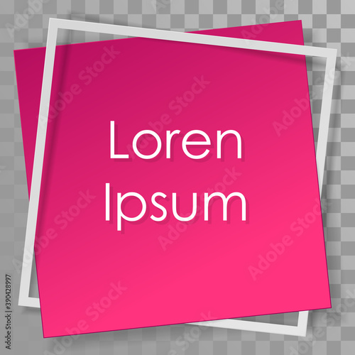 Pink paper sticker with white frame on transparent background. Vector illustration.