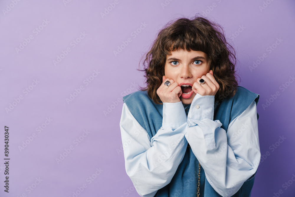 Caucasian shocked girl expressing surprise on camera Caucasian shocked girl expressing surprise on camera