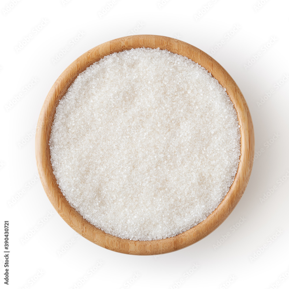 Granulated white sugar in wooden bowl isolated on white background with clipping path Granulated white sugar in wooden bowl isolated on white background with clipping path