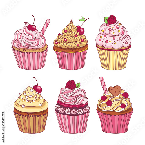 Pack of six cupcakes with fruits isolated on white background