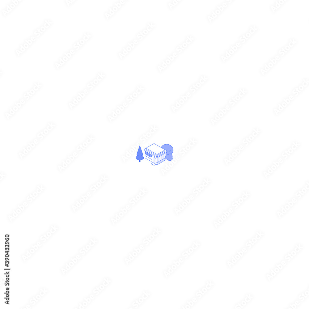Monochrome line art isometric small business building illustration. Shop or cafe with trees around Monochrome line art isometric small business building illustration. Shop or cafe with trees around