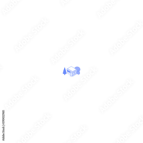 Monochrome line art isometric small business building illustration. Shop or cafe with trees around