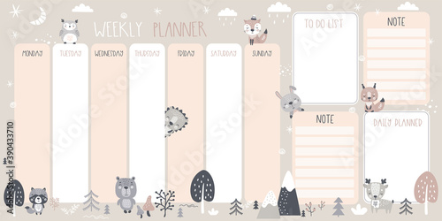 Weekly, daily planner and to do list with cute wild animals. Adorable forest animals, plants and elements. Doodle hand drawn poster.