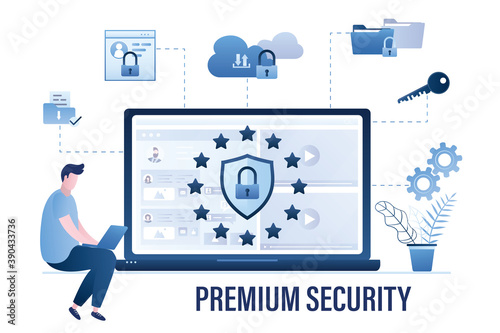 Businessman using laptop. Computer with web page on screen. Premium security, antivirus. Protection of data, passwords and apps.