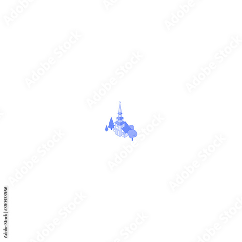 Monochrome line art isometric church building illustration. Chapel yard with trees around
