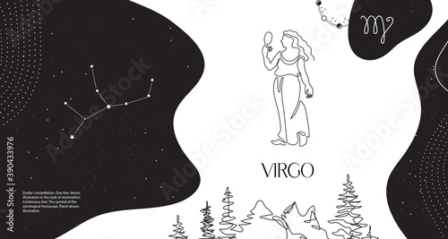 Zodiac background. Virgo constellation. Horizontal banner. One line.