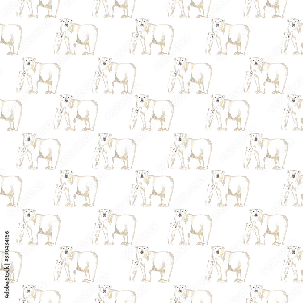 Watercolor pattern of a polar bear cub with a mother bear. Great for printing, textile design, souvenirs and many other creative ideas.