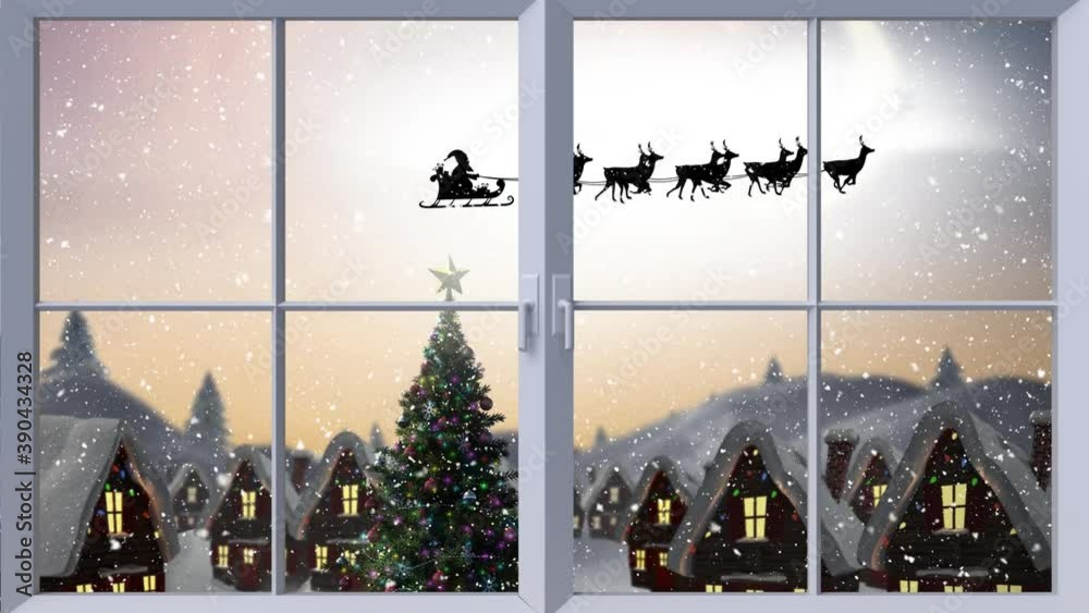 Digital animation of wooden window frame against snow falling on christmas tree