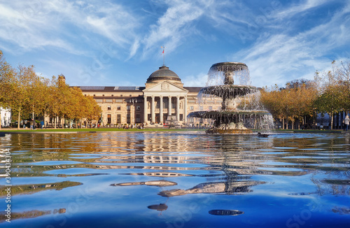 Kurhaus Wiesbaden (Health Spa) and park in autumn with fountain and panoramic view