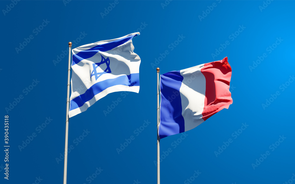 Beautiful national state flags of Israel and France together at the sky background. 3D artwork concept. Beautiful national state flags of Israel and France together at the sky background. 3D artwork concept.