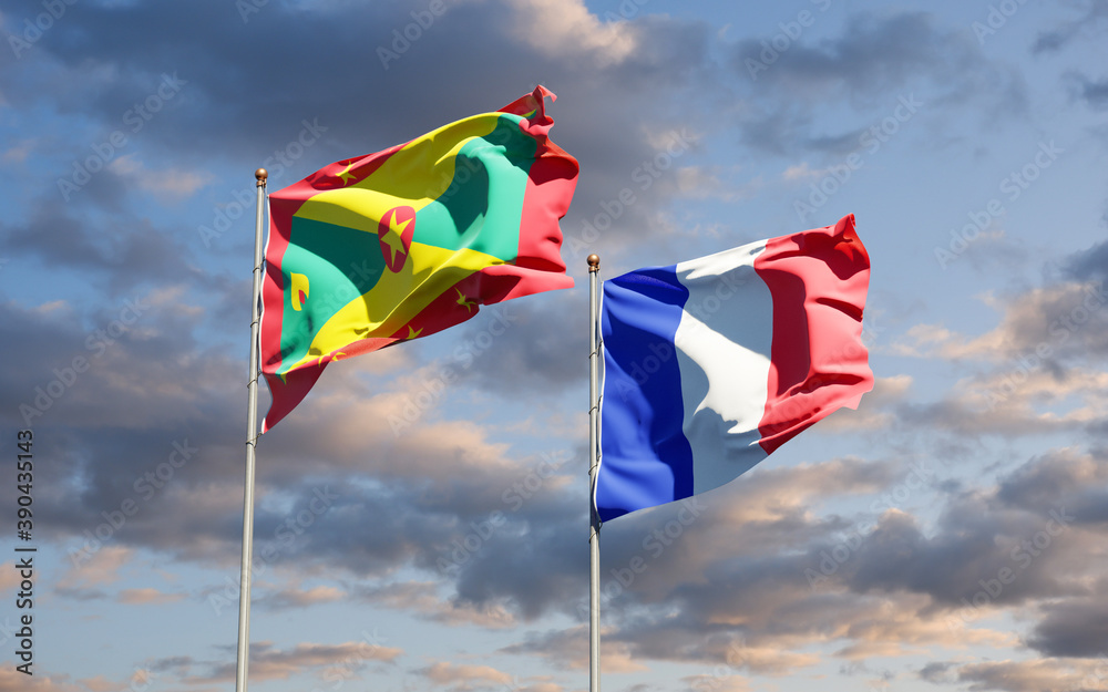 Beautiful national state flags of Grenada and France together at the sky background. 3D artwork concept. Beautiful national state flags of Grenada and France together at the sky background. 3D artwork concept.