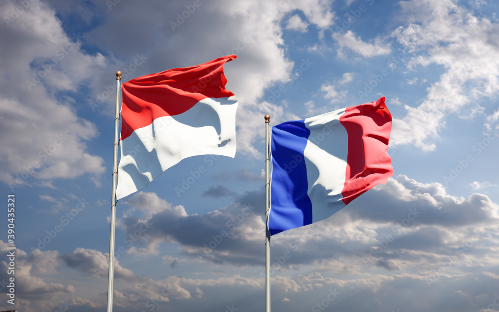 Beautiful national state flags of Monaco and France together at the sky background. 3D artwork concept.