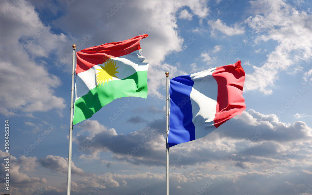 Beautiful national state flags of Kurdistan and France together at the sky background. 3D artwork concept.