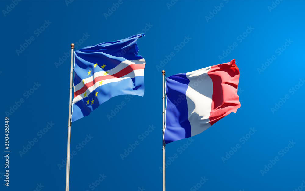Beautiful national state flags of Cape Verde and France together at the sky background. 3D artwork concept. Beautiful national state flags of Cape Verde and France together at the sky background. 3D artwork concept.