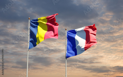 Beautiful national state flags of Chad and France together at the sky background. 3D artwork concept.