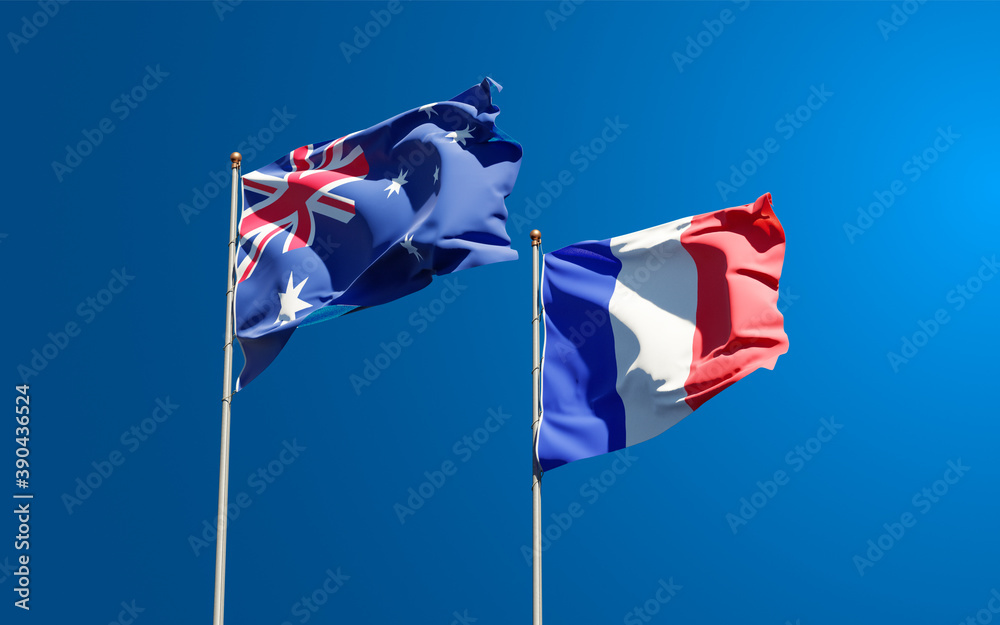 Beautiful national state flags of France and Australia together at the sky background. 3D artwork concept. Beautiful national state flags of France and Australia together at the sky background. 3D artwork concept.