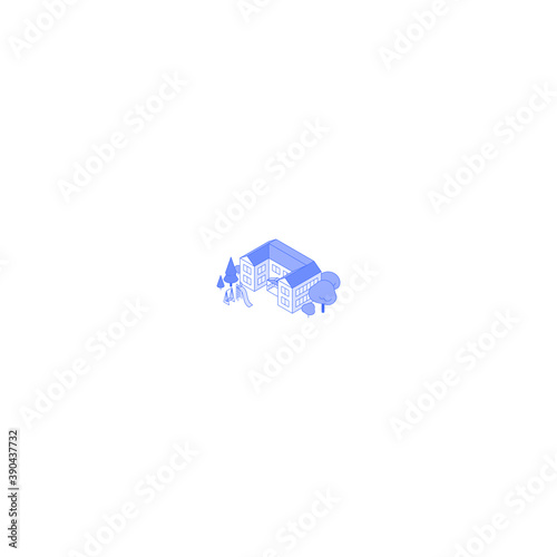 Monochrome line art isometric small apartment house illustration. Condo yard with trees and playground
