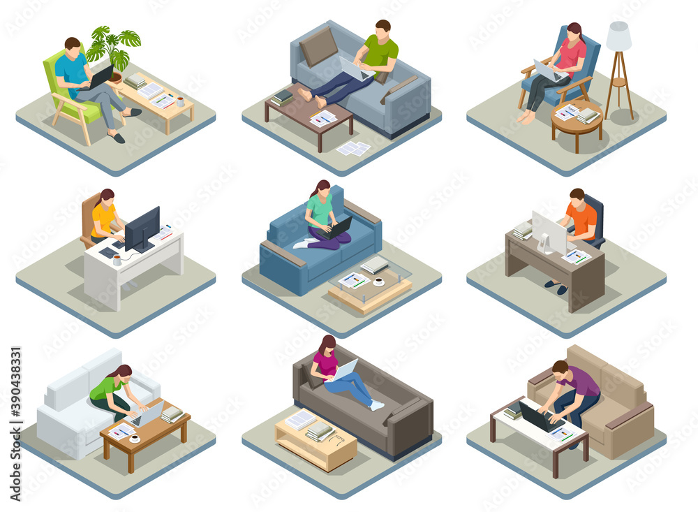 Isometric business man amd woman working at home with laptop and papers on desk. Freelance or studying concept. Online meeting work form home. Home office. - obrazy, fototapety, plakaty 