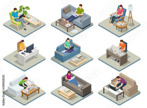 Isometric business man amd woman working at home with laptop and papers on desk. Freelance or studying concept. Online meeting work form home. Home office.