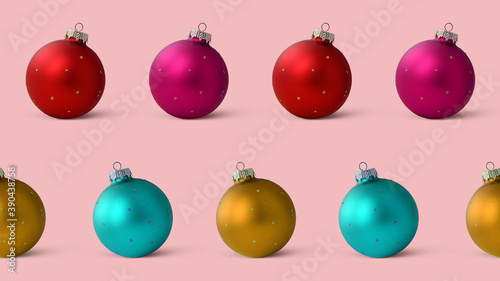 Seamless pattern Christmas balls, decorations for the Christmas tree isolated on a pink background. Banner. Wrapping Christmas paper.