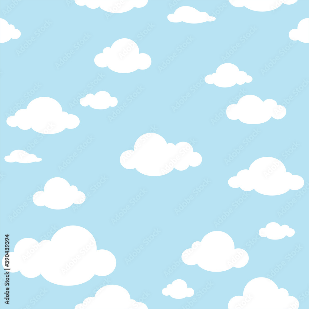 Vector blue sky with white cartoon clouds pattern.