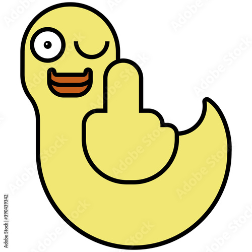 Vector image of a funny yellow duck, showing fuck by the wing on a white background. Vector illustration.