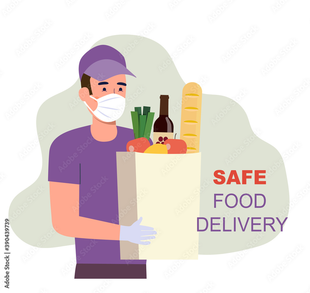 Safe food delivery at home.Courier in a medical mask and gloves holding grocery bag.Vector flat style illustration Safe food delivery at home.Courier in a medical mask and gloves holding grocery bag.Vector flat style illustration