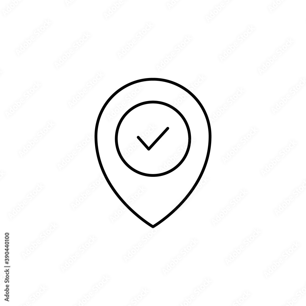 Check location line icon. Pointer sign with check mark. Map pin symbol. Vector illustration isolated on white.