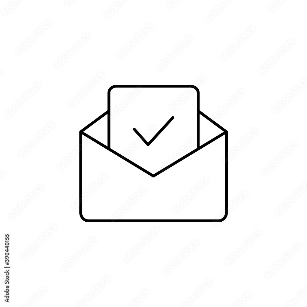 Open envelope check mark line icon. Email black outline with confirm document. Message black symbol with approve sign. Vector illustration isolated on white. Business communication concept. Open envelope check mark line icon. Email black outline with confirm document. Message black symbol with approve sign. Vector illustration isolated on white. Business communication concept.