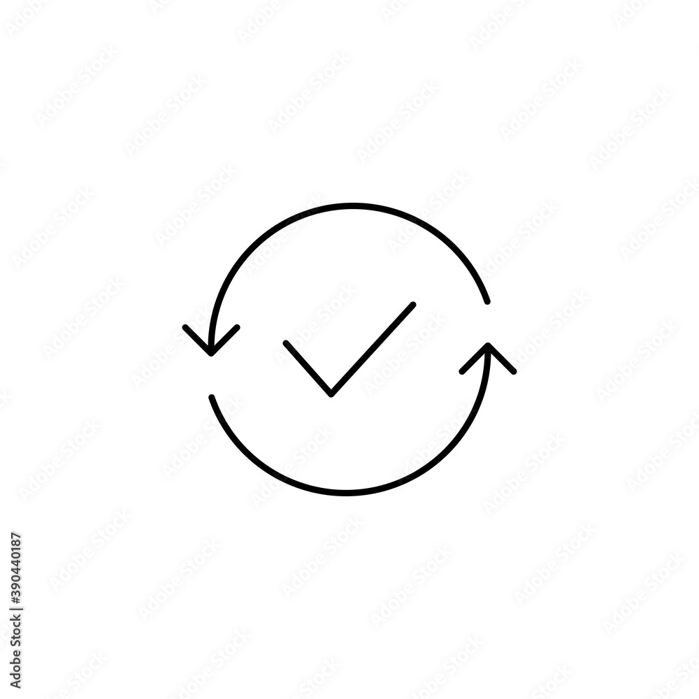 Recycle reuse with check mark icon. Circular rotation arrows sign. Approve vector illustration isolated on white. Recycle reuse with check mark icon. Circular rotation arrows sign. Approve vector illustration isolated on white.