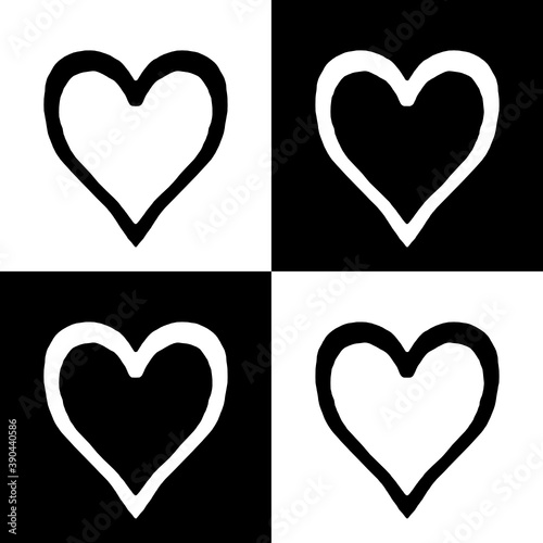 Decorative pattern with a silhouettes of four hearts in a black and white contrast colors