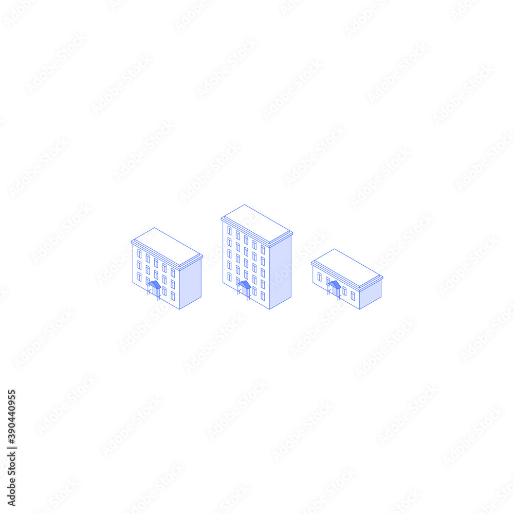 Set of isometric objects. Monochrome line art apartment houses collection. three-storey five-storey and one-storey condos Set of isometric objects. Monochrome line art apartment houses collection. three-storey five-storey and one-storey condos