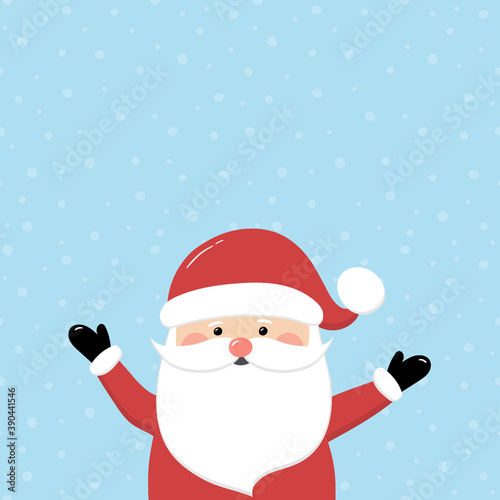 Happy Santa Claus on background with snowflakes and copyspace. Christmas element. Vector