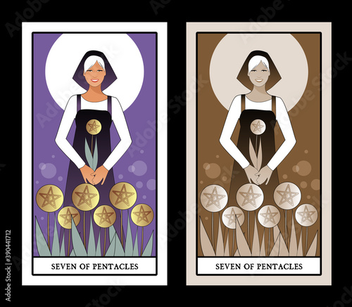 Seven of pentacles. Tarot cards. Beautiful worker collecting a harvest of seven golden pentacles