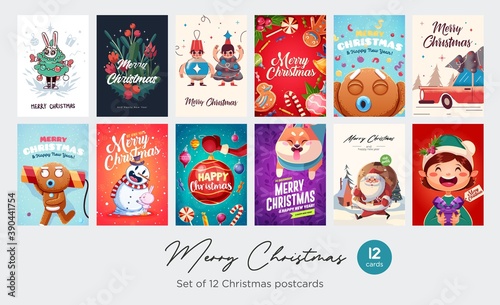 Photos Set of Merry Christmas and Happy new Year greeting cards design with Christmas characters