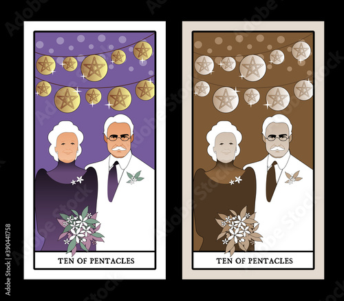 Ten of pentacles. Tarot cards. Elegant and happy elderly couple, under bright lights and ten golden pentacles.