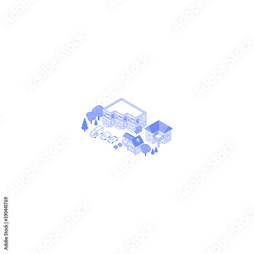 Monochrome line art isometric residential area illustration. Condo and cottage yard with trees and parking