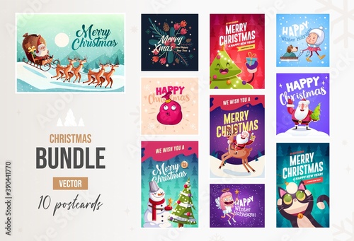 Set of Merry Christmas and Happy new Year greeting cards design with Christmas characters. Vector