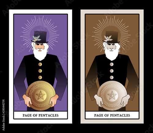 Page or knave of pentacles with top hat holding a golden shield. Minor arcana Tarot cards. Spanish playing cards