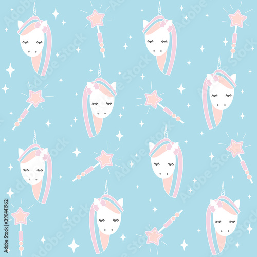 Cute lovely unicorn and magic wand cartoon seamless vector pattern background illustration