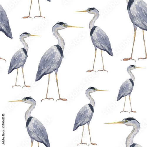 Seamless pattern heron birds on white background. Hand drawing illustration of Grey heron. Bird with long legs. Perfect for wallpaper, digital paper, wrapping, textile, print.