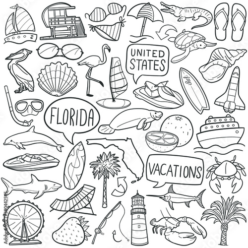Florida USA doodle icon set. Vacations Vector illustration collection. Banner Hand drawn Line art style.