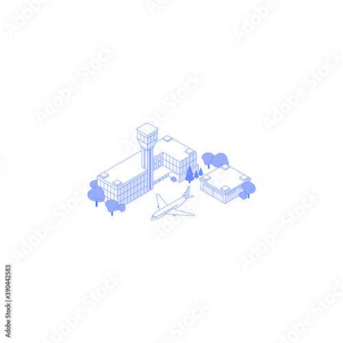 Monochrome line art isometric airport building illustration. Terminal outside with trees garage and aircraft