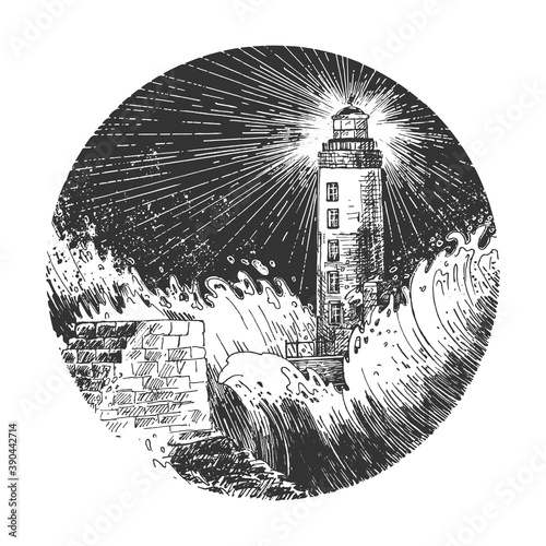Lighthouse in stormy dark sea sketch