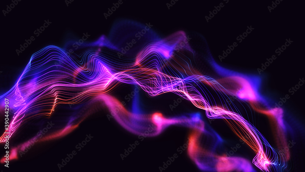 Wavy background illustration artwork. Colourful glowing line particles with beautiful bokeh. Digital 3d design concept